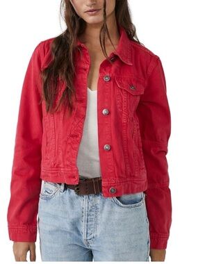 Free People / We The Free Red Denim Trucker Jacket Size XL
